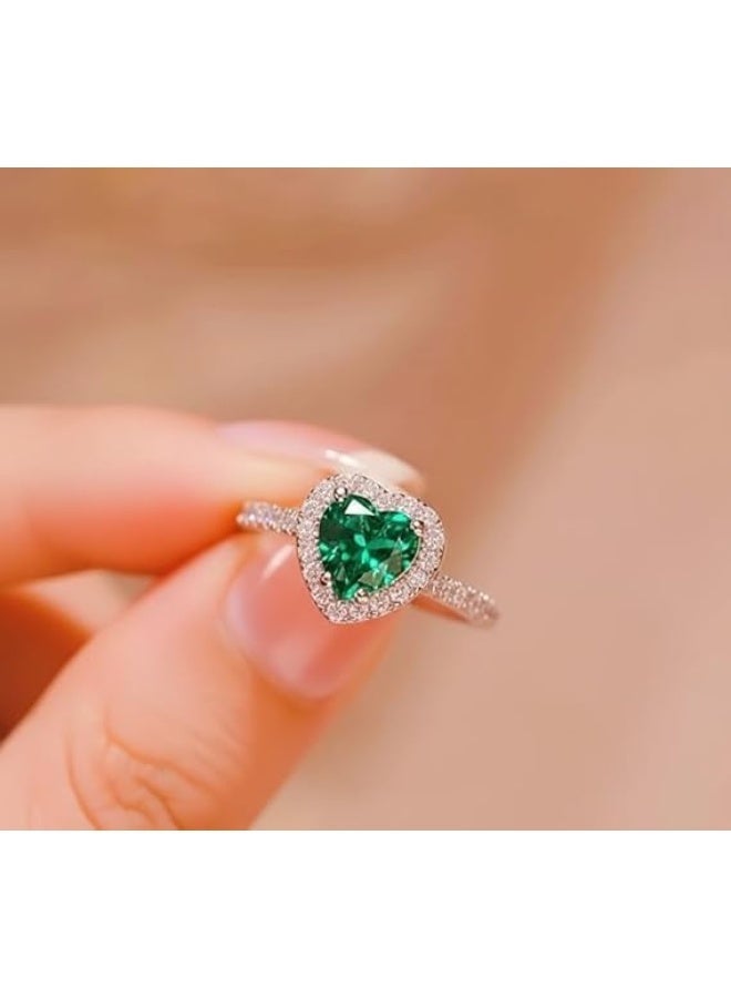 Emerald Heart Ring – Valentine’s Day Romantic Gift – Silver Tone Zircon Halo – Hypoallergenic Stainless Steel - Image 5